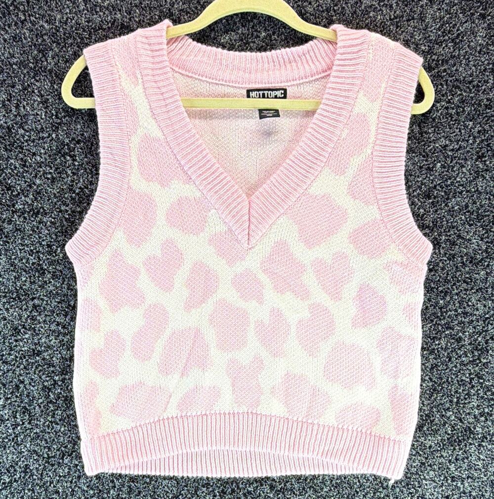 Hot Topic Women's Pink/White Heart Tight-Knit V-Neck Sweater Vest Size M